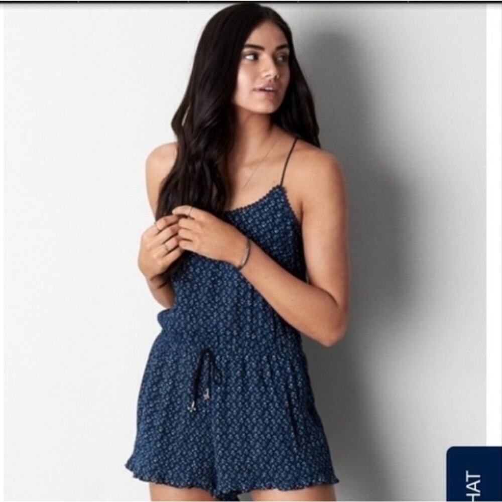 American Eagle Blue & White Printed Sleeveless Rope Tie Granola Romper Size S